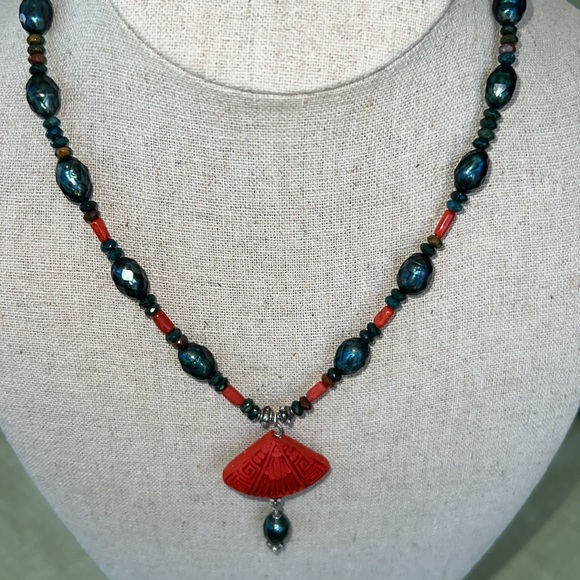 Handmade Artisan Pearl Necklace with Carved Fan Drop - Picture 3 of 8